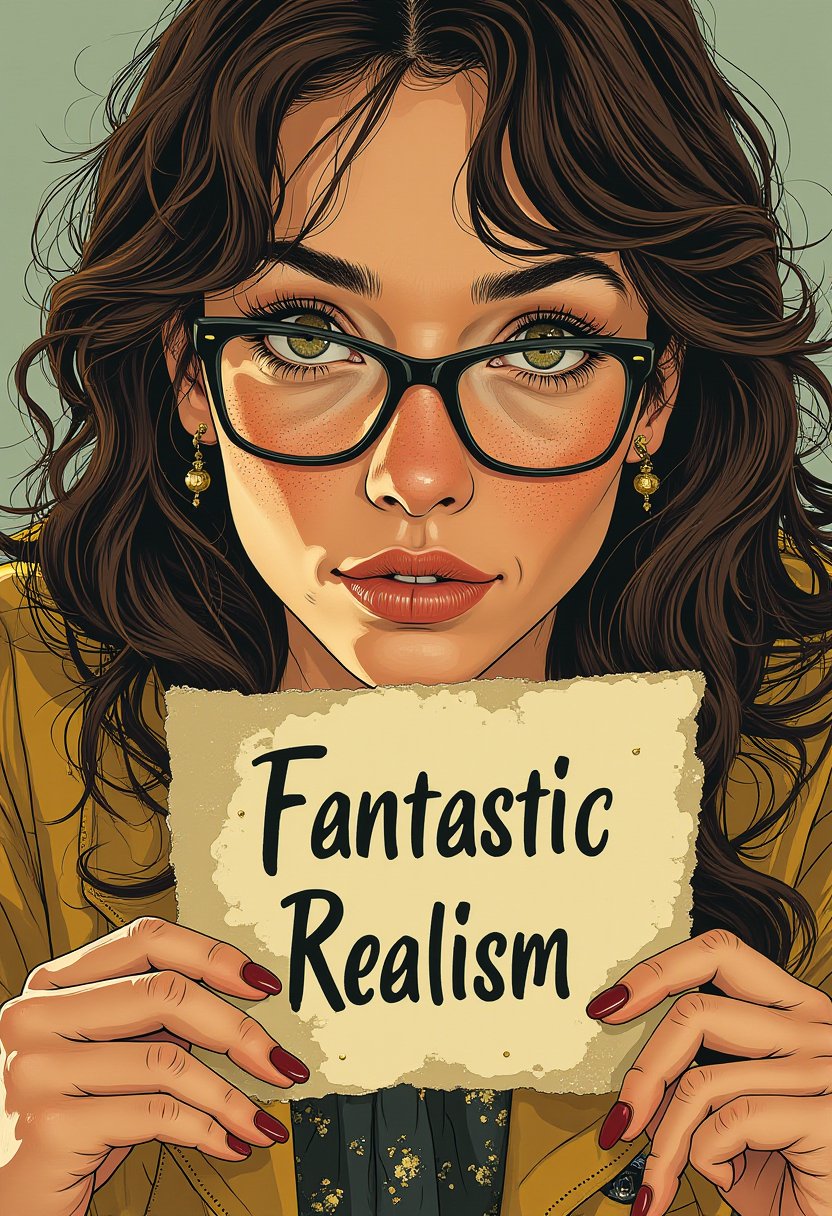 f4nt4st1c  A woman in glasses holding a piece of paper with the text "Fantastic Realism"
 