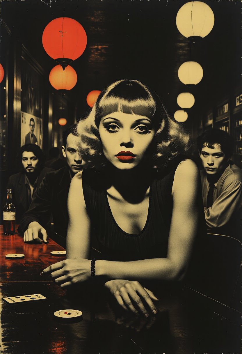 A blonde woman leans against a bar, her eyes narrowed as she watches a group of men playing cards. Her lips curl into a knowing smile . The bar is smoky, dimly lit, and filled with dangerous characters 
 
 
 
 