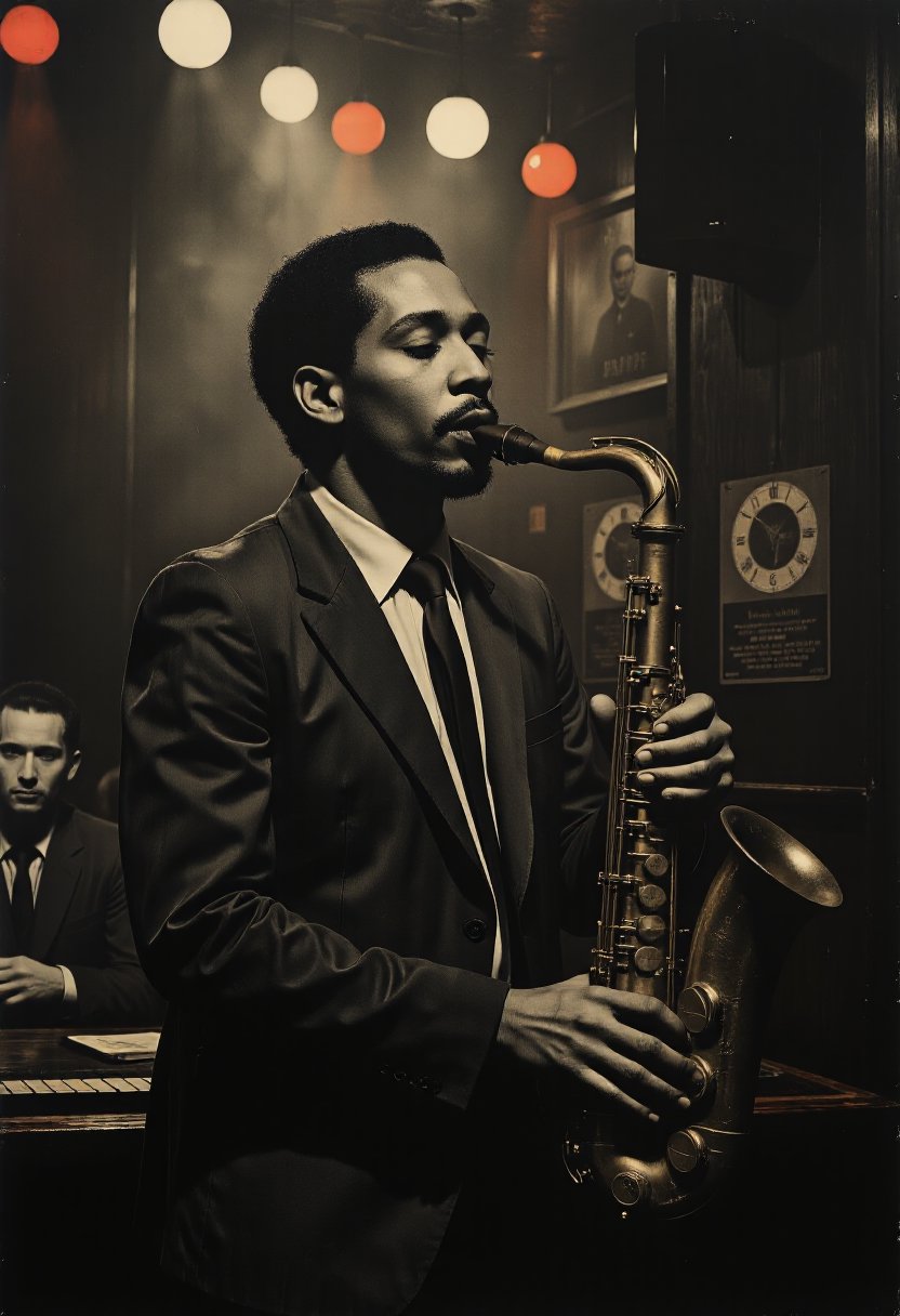 A jazz musician in a sharp suit plays a saxophone on a dimly lit stage, his eyes closed as he loses himself in the music. The smoky room is filled with the soft murmur of the audience, entranced by the soulful melody. His fingers dance across the keys with effortless grace 
 
 
 
 