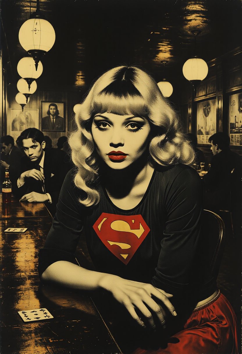 Supergirl, long blond hair, leans against a bar, her eyes narrowed as she watches a group of men playing cards. Her lips curl into a knowing smile . The bar is smoky, dimly lit, and filled with dangerous characters 
 
 
 
 