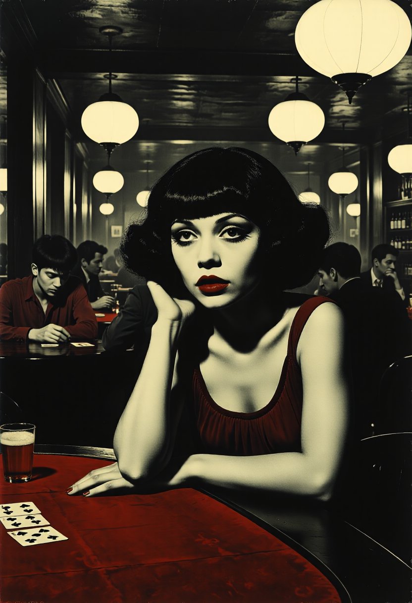 A sultry woman leans against a bar, her eyes narrowed as she watches a group of men playing cards. Her lips curl into a knowing smile . The bar is smoky, dimly lit, and filled with dangerous characters 
 
 
 
 