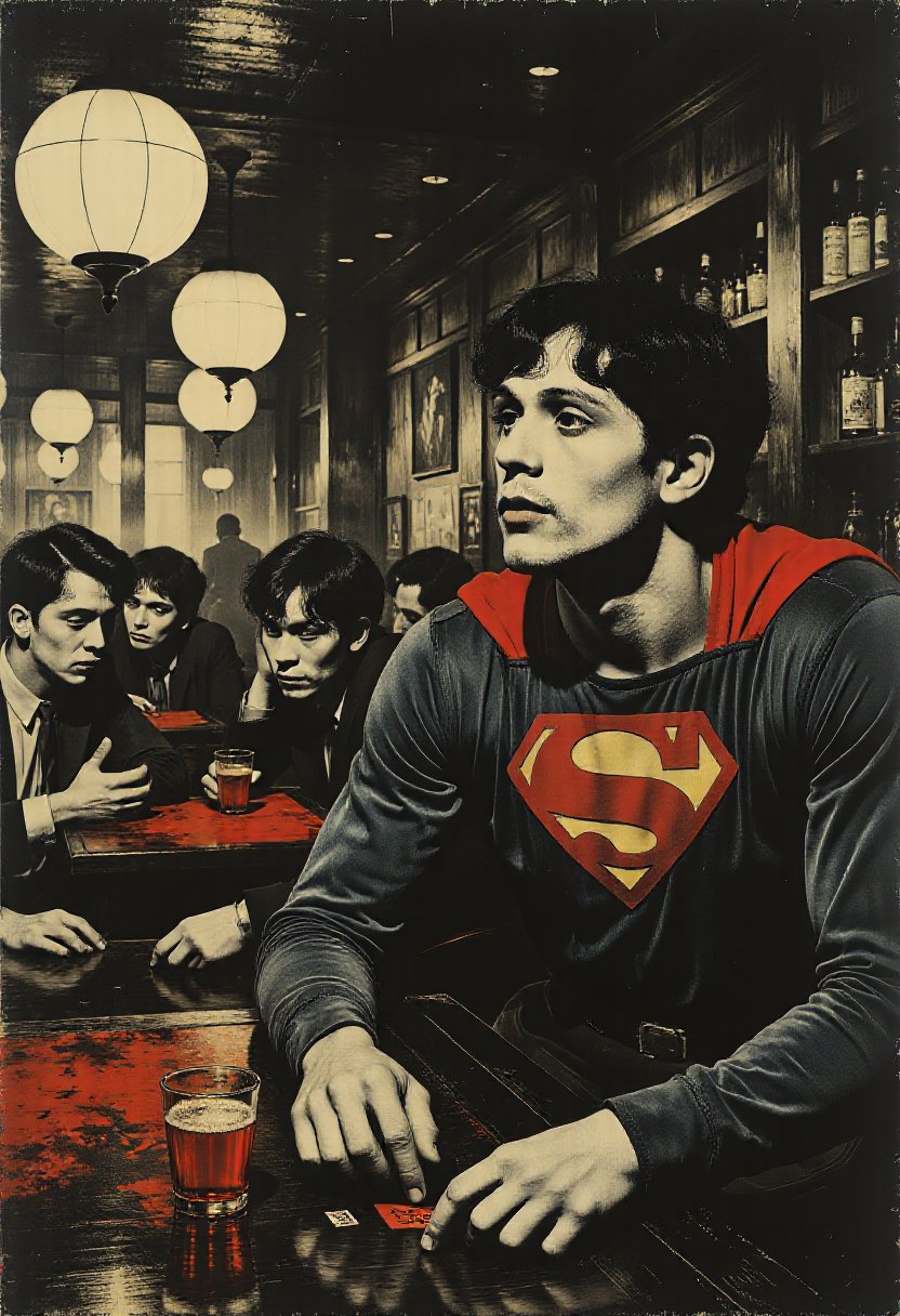 Superman leans against a bar, his eyes narrowed as he watches a group of men playing cards. His lips curl into a knowing smile . The bar is smoky, dimly lit, and filled with dangerous characters 
 
 
 
 