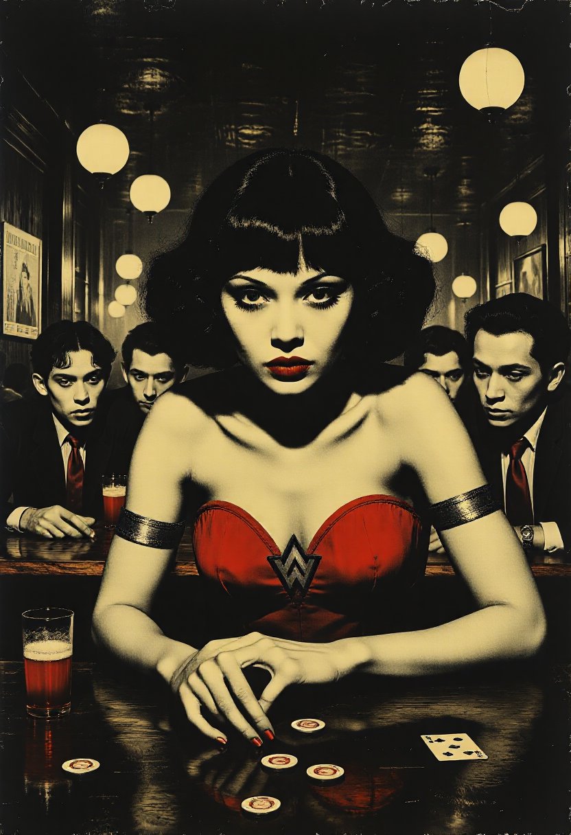 Wonder woman leans against a bar, her eyes narrowed as she watches a group of men playing cards. Her lips curl into a knowing smile . The bar is smoky, dimly lit, and filled with dangerous characters 
 
 
 
 