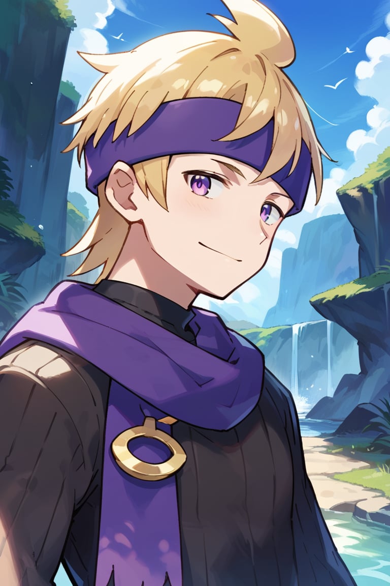 score_9, score_8_up, score_7_up, score_6_up, score_5_up, score_4_up, source_anime, beautiful eyes, male focus, looking at viewer, 1boy, smile, upper body, face close up, from befront,
matsuba, blonde hair, purple eyes, headband, purple scarf, black sweater, ribbed sweater,
(male:1.2), toned male