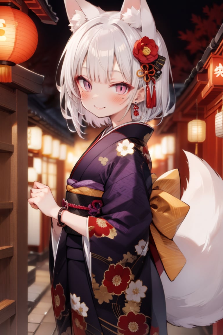 1girl, 2016, animal ears, blunt bangs, blush, bracelet, earrings, floral print, flower, fox ears, fox tail, hair flower, hair ornament, japanese clothes, jewelry, kimono, looking at viewer, mole, mole under eye, nengajou, new year, obi, purple eyes, sash, slit pupils, smile, solo, tail, white hair