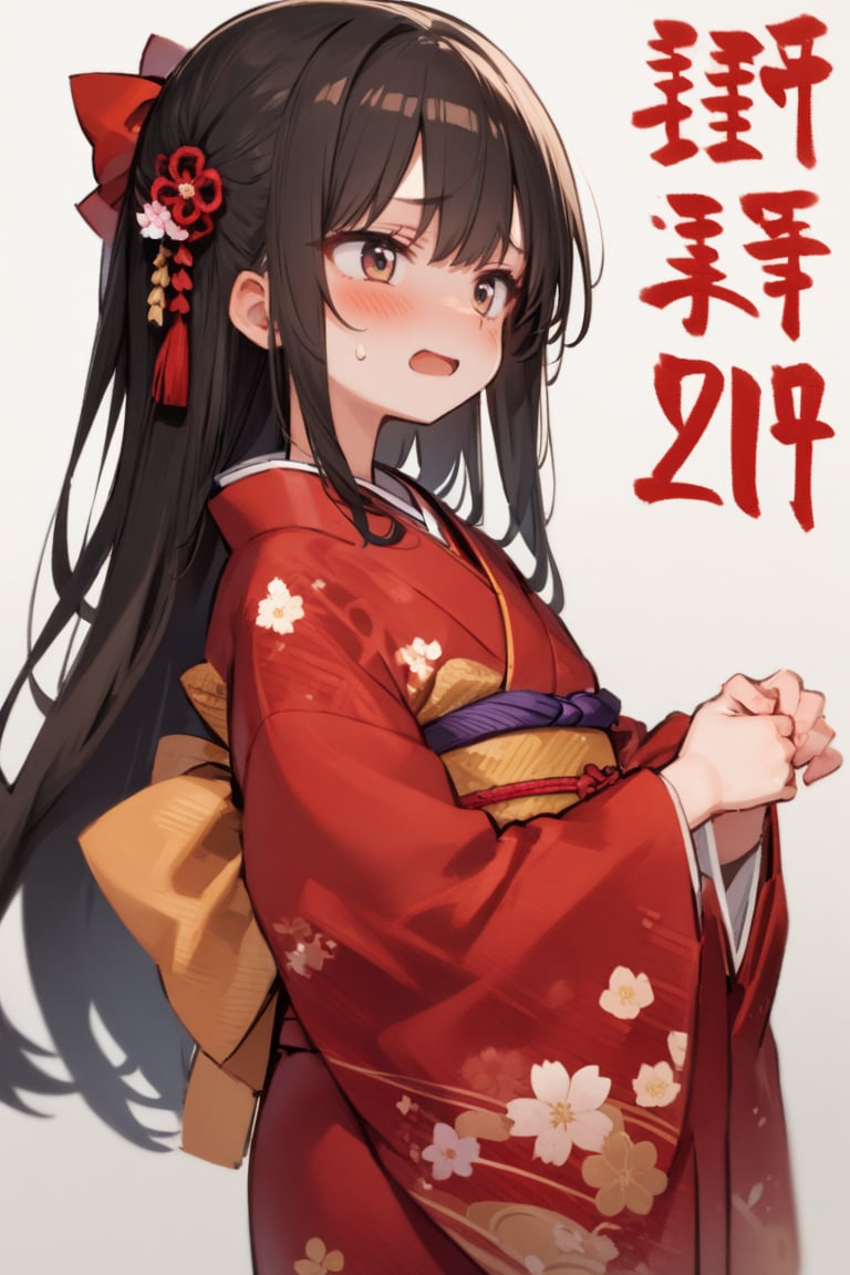 1girl, 2016, black hair, hair ribbon, happy new year, japanese clothes, kimono, long hair, new year, ribbon, solo, sweatdrop