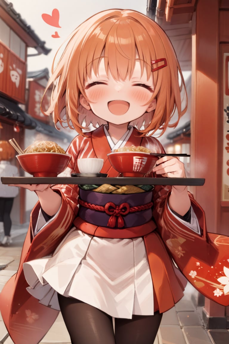 1girl, :d, ^_^, black pantyhose, blush, chopsticks, closed eyes, cup ramen, hair ornament, hairclip, happi, heart, japanese clothes, new year, open mouth, orange hair, pantyhose, robe, shirt, short hair, skirt, smile, solo, striped, striped shirt, tray