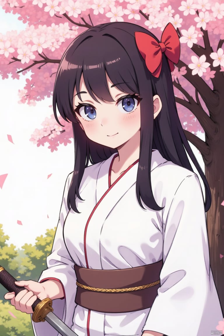 A girl with long dark brown hair, wearing a white kimono, adorned with a brown belt and a red bow. She is holding a sword in her right hand, with her left hand resting on the handle of the sword. Her eyes are a piercing blue, adding a pop of color to the scene. The background is blurred, revealing a tree with pink flowers.
