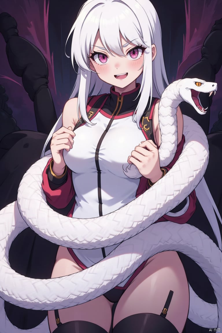 A female character with long white hair and a fierce expression on her face. She is wearing a futuristic outfit with a white and red color scheme. The outfit has a high neckline and long sleeves, and she is holding a large white snake in her hands. The snake is coiled around her body, with its head turned to the side and its mouth open, as if it is roaring. The background is dark and ominous, with a hint of purple and pink. The overall mood of the image is fierce and powerful.
