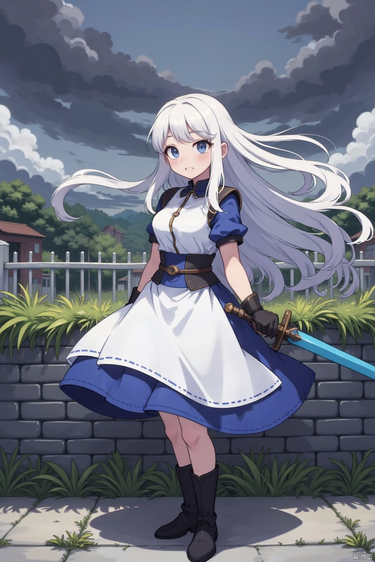 An animated image of a girl with long white hair and blue eyes. She is wearing a white and blue dress with a black belt around her waist. She has black boots on her feet and black gloves on her hands. Her hair is blowing in the wind and she is holding a sword in her right hand. The sword is a bright blue color. Behind her is a gray brick wall with green grass growing on it. Behind the wall is a white fence and behind the fence are buildings. The sky is filled with dark gray clouds.
