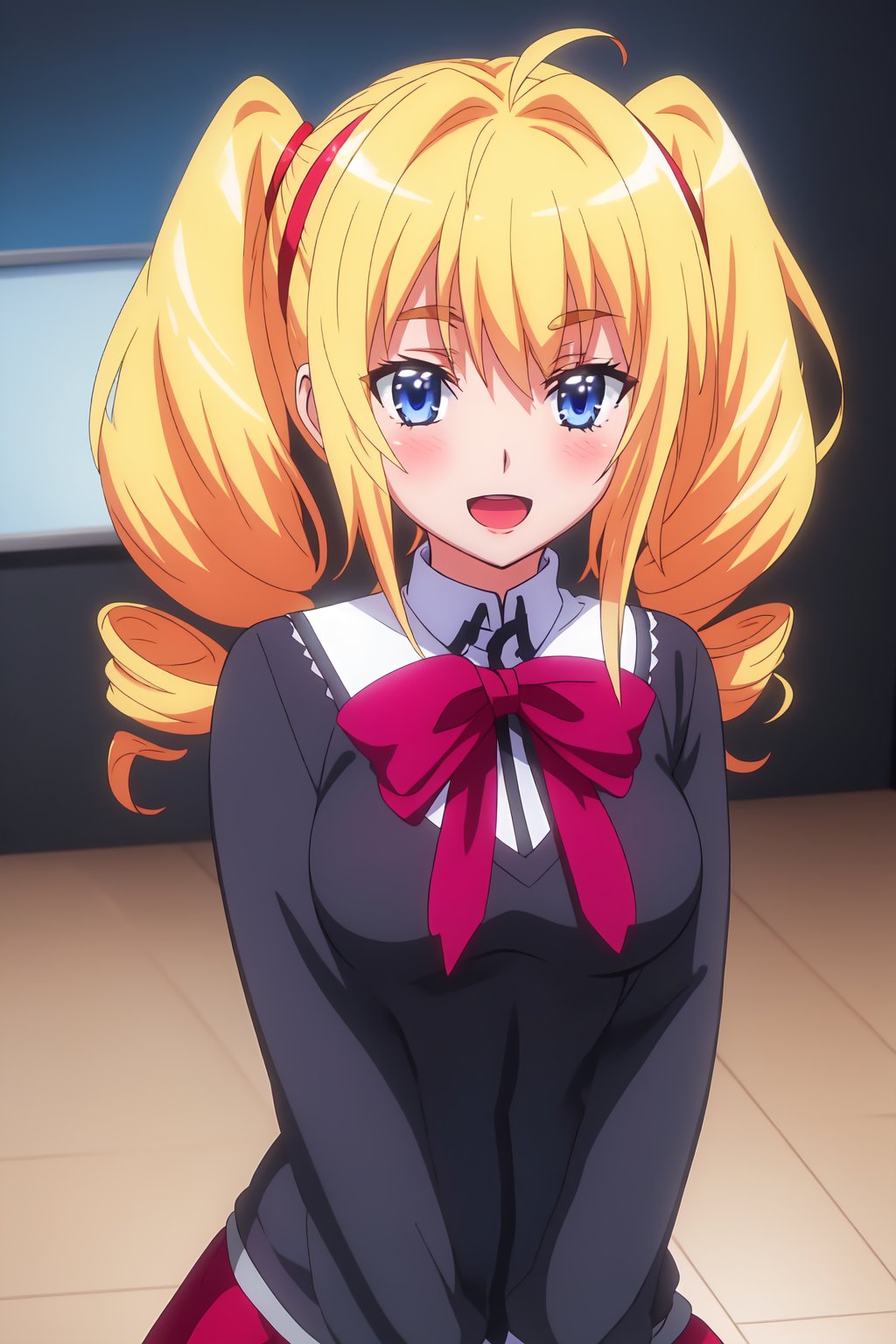 Ravel Phoenix, (8k, HD), 1girl, solo, looking at viewer, blush, smile, open mouth, blue eyes, blonde hair, bow, twintails, school uniform, :d, hairband, drill hair, twin drills