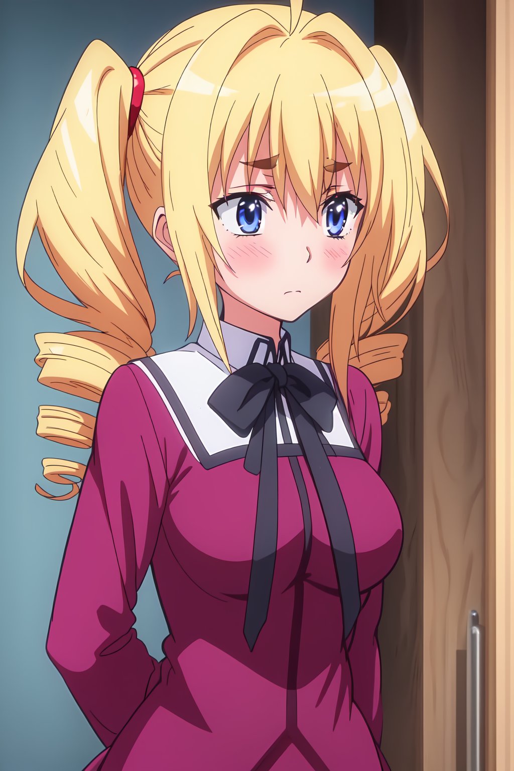 Ravel Phoenix, (8k, HD), 1girl, solo, long hair, blush, blue eyes, blonde hair, twintails, school uniform, ahoge, drill hair, twin drills