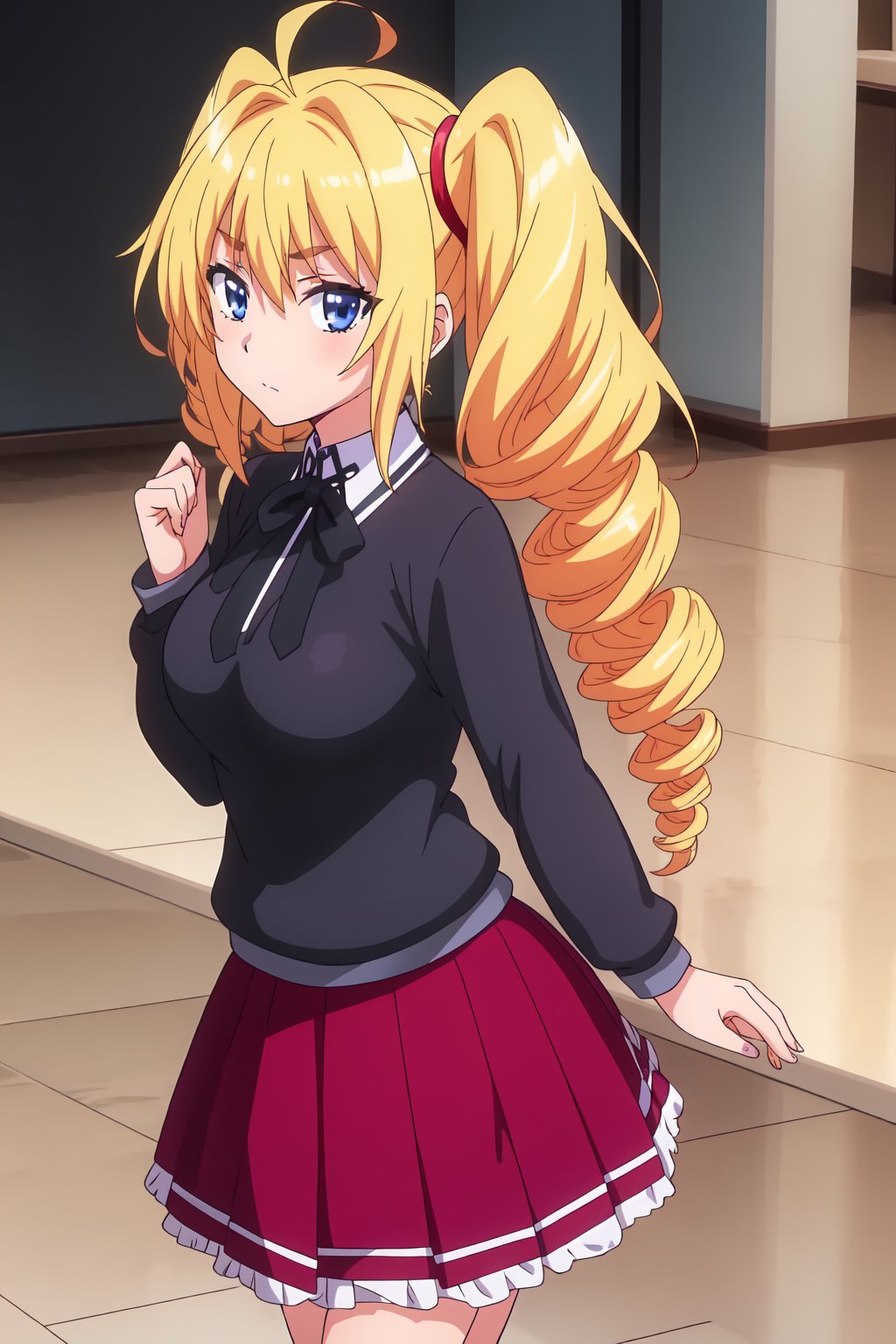 Ravel Phoenix, (8k, HD), 1girl, solo, long hair, looking at viewer, blue eyes, skirt, blonde hair, shirt, long sleeves, twintails, school uniform, ahoge, pleated skirt, sweater, drill hair, purple skirt, black sweater