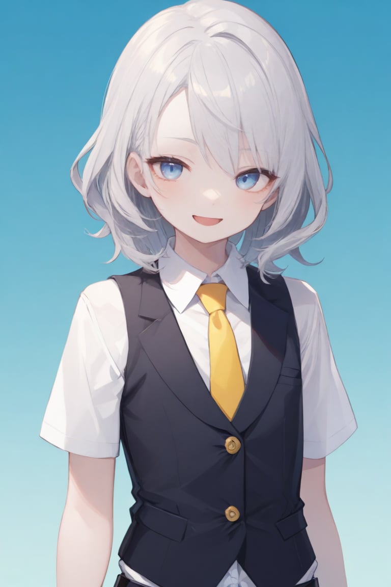 1girl, asymmetrical hair, blue background, blue eyes, buttons, collared shirt, flipped hair, gradient background, grey hair, looking at viewer, necktie, no gloves, open mouth, shirt, short sleeves, simple background, smile, solo, unbuttoned, upper body, vest, yellow necktie