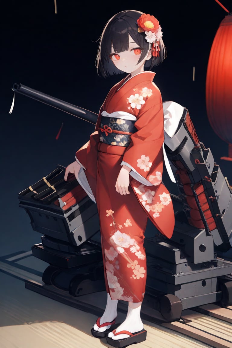 1girl, black hair, cannon, floral print, flower, full body, hair flower, hair ornament, hairpin, japanese clothes, kimono, ladder, long sleeves, looking at viewer, machinery, new year, obi, orange ribbon, red eyes, ribbon, rope, sandals, sash, shimenawa, short hair, socks, solo, standing, tabi, transparent background, turret, white socks, wide sleeves