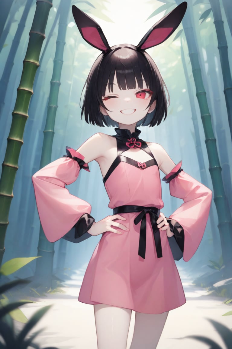 1girl, animal ears, bamboo, barefoot, black hair, detached sleeves, dress, grin, hand on own hip, jewelry, long sleeves, looking at viewer, one eye closed, pink dress, rabbit ears, short hair, smile, solo, tail, teeth