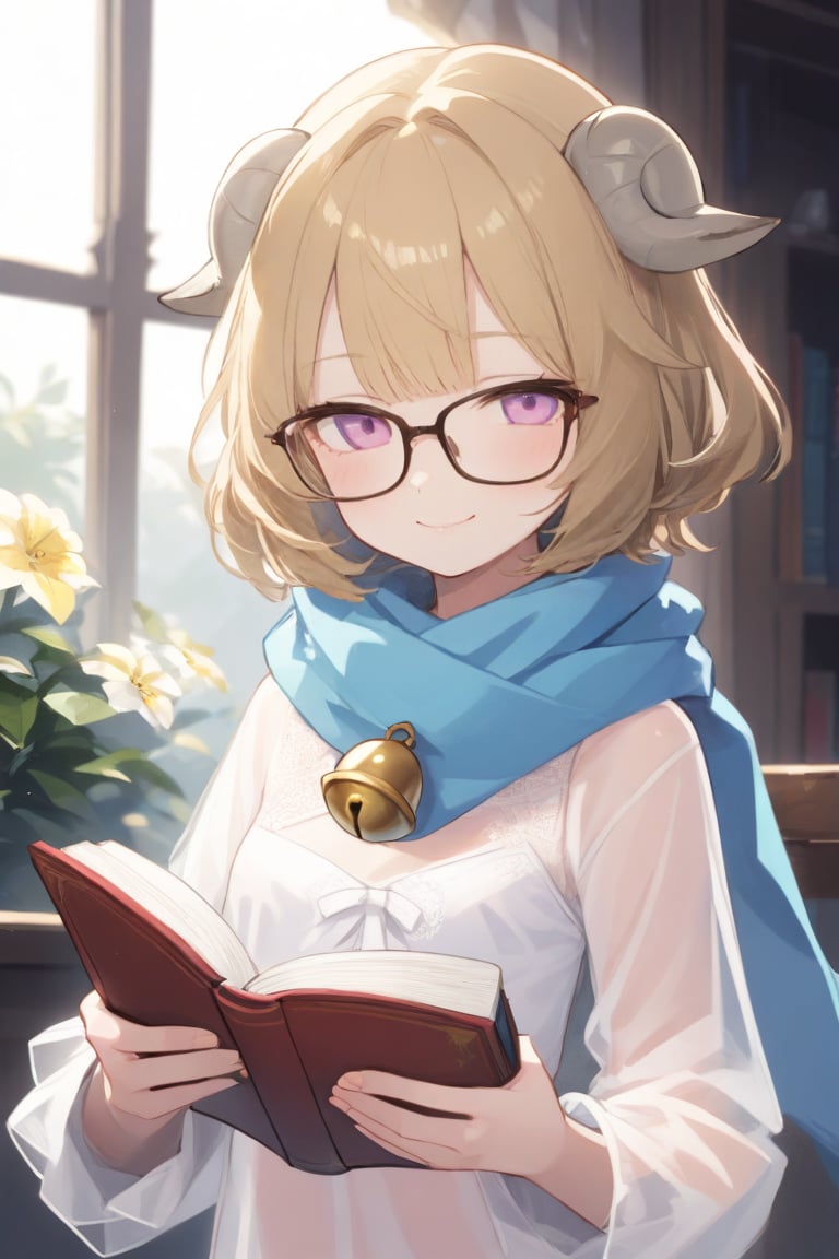 1girl, 2016, bell, blonde hair, book, brown hair, flower, glasses, horns, jingle bell, scarf, see-through, sheep horns, short hair, smile, solo, upper body