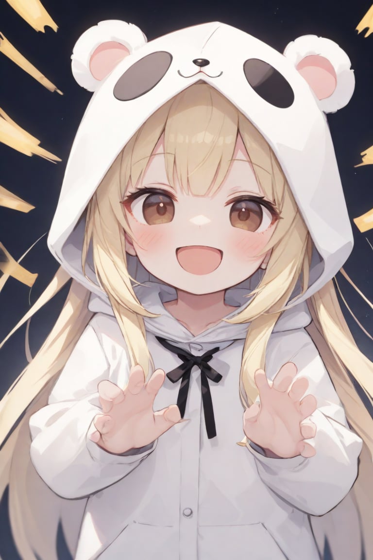 1girl, :d, animal costume, blonde hair, blush, brown eyes, chibi, dual persona, hamster costume, hood, long hair, looking at viewer, open mouth, school uniform, shirt, smile, sound effects only, upper body, white shirt