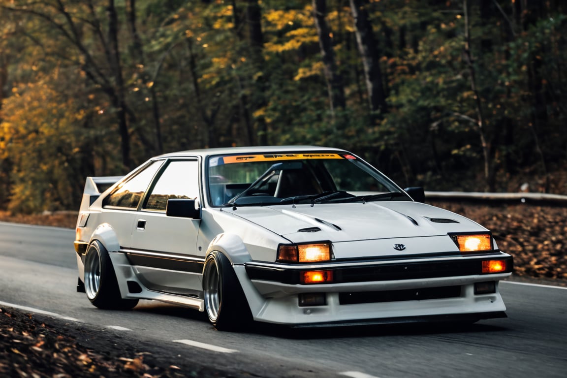 car photography, 1car, solo, Toyota AE86, toyota sprinter trueno, toyota 86, Eight Six, Hachiroku Tureno, toyota sprinter trueno 3door GT-APEX, initial, pop-up headlights, touge, centered, 8k, 4k, detailed, attractive, beautiful, impressive, photorealistic, realistic, cinematic composition, volumetric lighting, high-resolution, vivid, detailed, stunning, professional, lifelike, crisp, flawless, DSLR, 4k, 8k, 16k, 1024, 2048, 4096, detailed, sharp, best quality, high quality, highres, absurdres, maximum detail, hard rim lighting photography, hyper realism, high detail, 8k, HDR, UHD