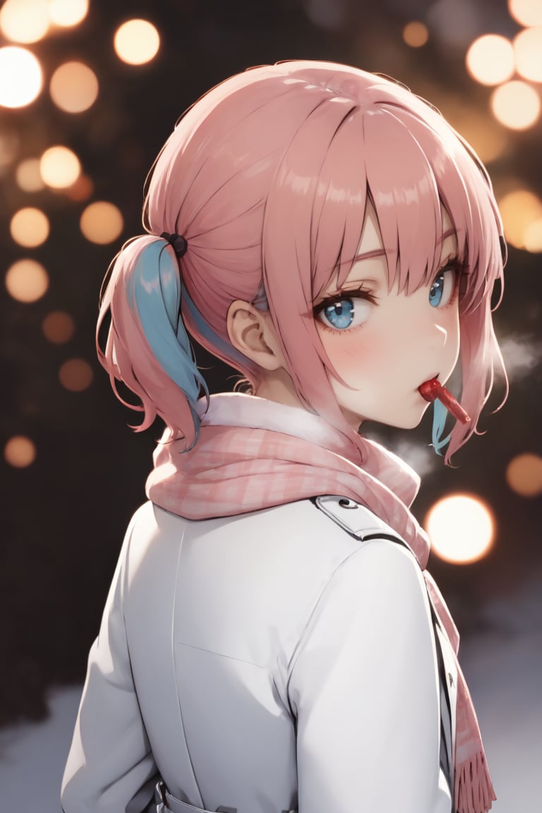 1girl, blue eyes, breath, coat, looking at viewer, looking back, multicolored hair, pink hair, scarf, short twintails, solo, twintails, two-tone hair, upper body, winter