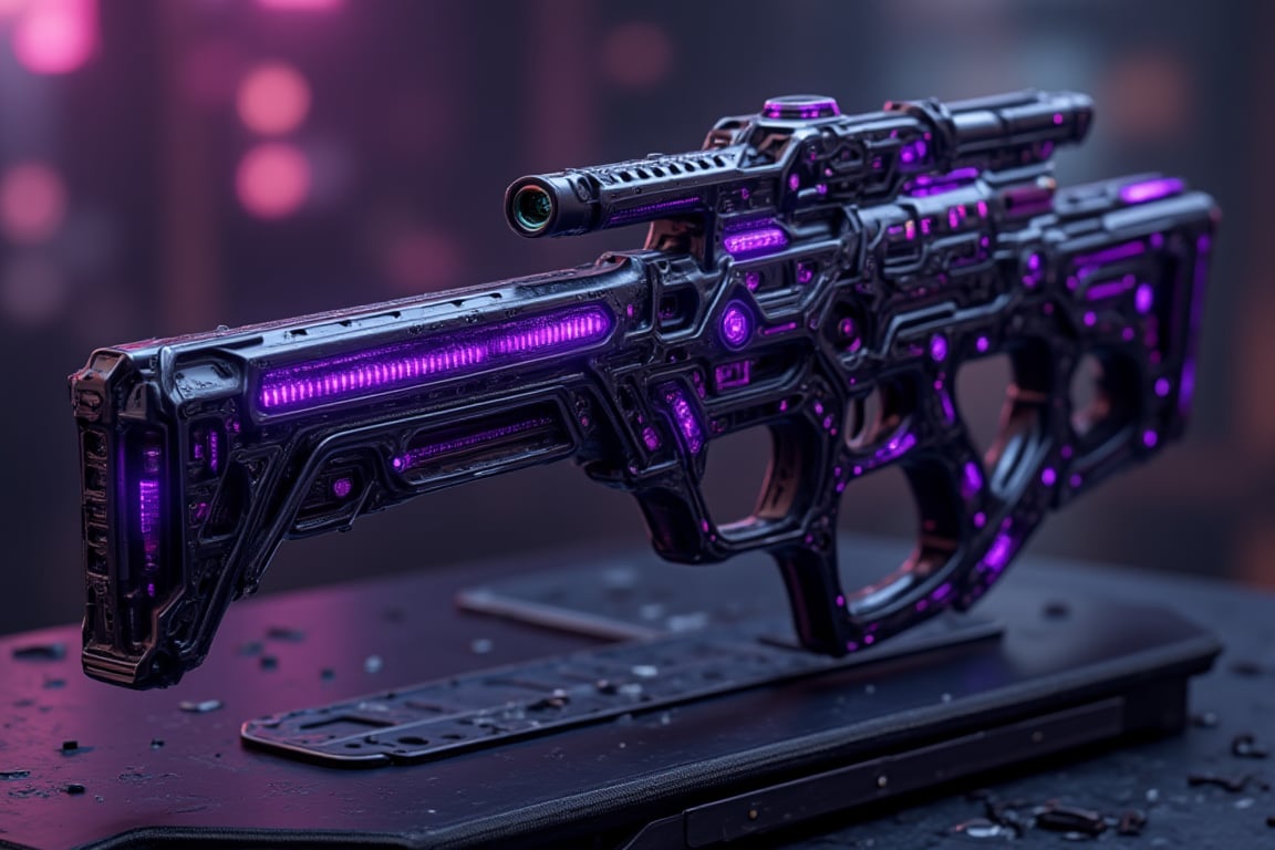 ultra-realistic highly detailed Image showcases a futuristic, sci-fi styled weapon sniper rifle with a sleek and intricate design. The weapon features a predominantly dark shiny metallic body with a series of glowing purple crystal accents and highlights running along its length. The barrel is elongated and segmented, with a distinct, angular structure that gives it a high-tech appearance. The rifle's body is adorned with various geometric patterns and cutouts, adding to its complexity and advanced look. sits on display padestal on high tech lab. The overall design suggests a blend of advanced technology and aesthetic appeal, making it appear as a weapon from a science fiction universe.,myth Dark Purple SR