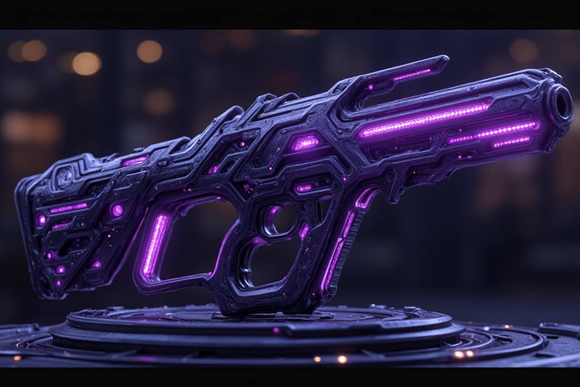 ultra-realistic highly detailed Image showcases a futuristic, sci-fi styled weapon sniper rifle with a sleek and intricate design. The weapon features a predominantly dark shiny metallic body with a series of glowing purple crystal accents and highlights running along its length. The barrel is elongated and segmented, with a distinct, angular structure that gives it a high-tech appearance. The rifle's body is adorned with various geometric patterns and cutouts, adding to its complexity and advanced look. sits on display padestal on high tech lab. The overall design suggests a blend of advanced technology and aesthetic appeal, making it appear as a weapon from a science fiction universe.,myth Dark Purple SR