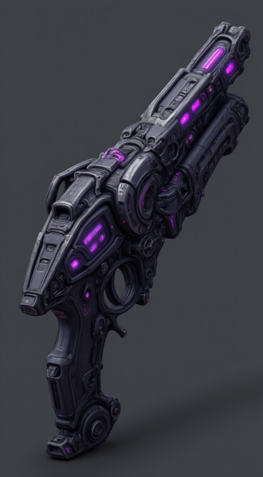 Image showcases a futuristic, sci-fi styled weapon sniper rifle with a sleek and intricate design. The weapon features a predominantly dark metallic body with a series of glowing purple accents and highlights running along its length. The barrel is elongated and segmented, with a distinct, angular structure that gives it a high-tech appearance. The rifle's body is adorned with various geometric patterns and cutouts, adding to its complexity and advanced look. The overall design suggests a blend of advanced technology and aesthetic appeal, making it appear as a weapon from a science fiction universe.,myth Dark Purple SR