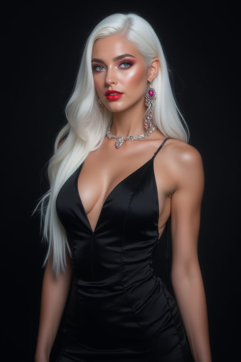 A masterpiece of elegance and coolness, this stunning 16K artwork features a woman standing in a sleek black dress, adorned with a V-necklace and earrings that shimmer in bright colors. Her long white hair cascades down her back, styled to perfection. Her piercing pale blue eyes seem to gleam with an inner light, while her matte red lips add a bold pop of color to the scene. The subject's skin is rendered in exquisite detail, with every pore and texture captured with ultra-sharp focus. The backdrop is a deep, rich black that provides a dramatic contrast to the subject's bright colors, creating a striking visual effect.