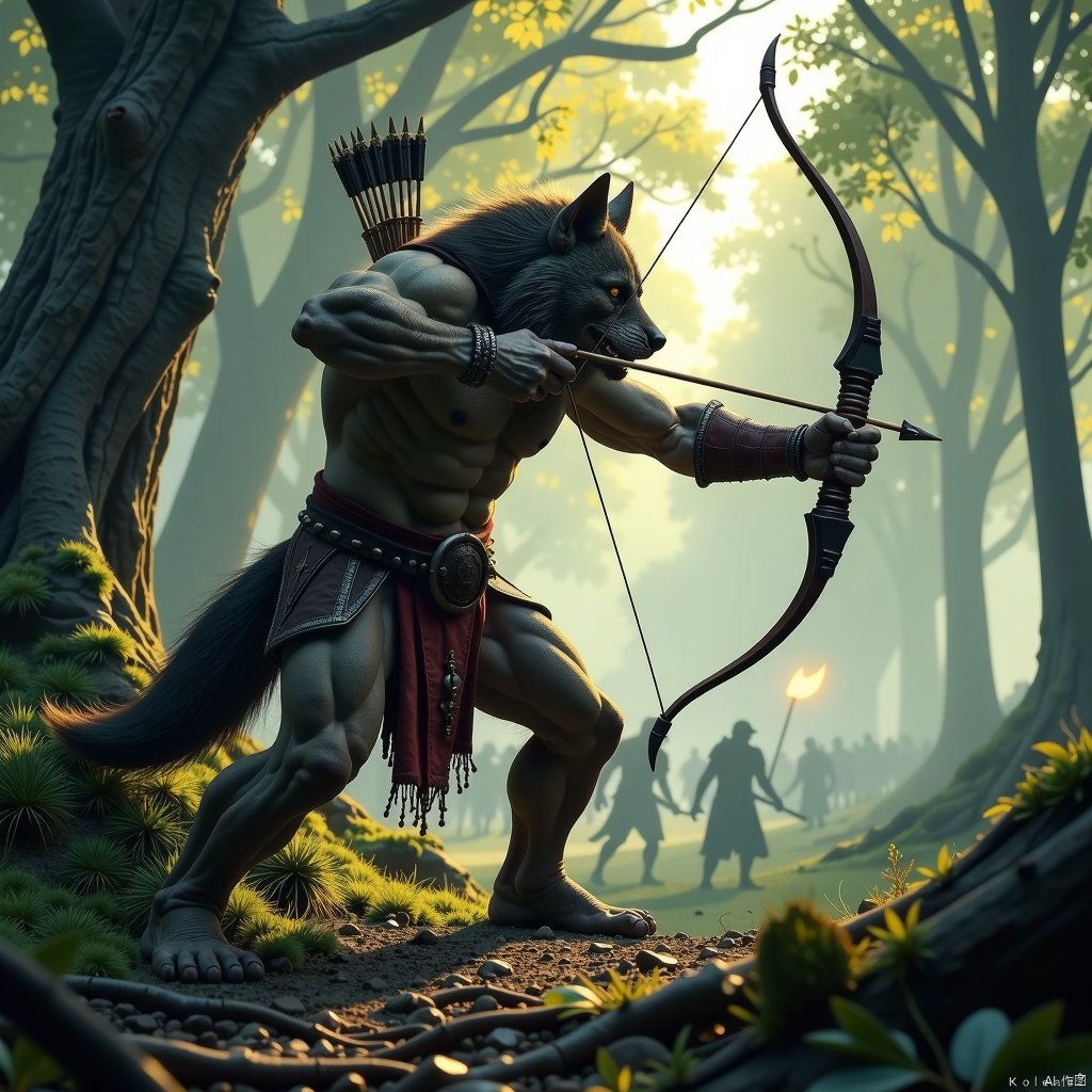 A detailed close-up shot of a fierce anthropomorphic wolf-like creature, known as a 兽人弓箭手 (orc archer), aiming a powerful longbow with precision. The scene is set in a dense, shadowy forest with shafts of sunlight piercing through the canopy, casting dramatic light and shadows. The 兽人弓箭手's fur is matted and battle-worn, with muscles rippling under its skin. It stands in a dynamic, ready stance, one foot forward, arrow nocked and drawn back, eyes focused on a distant target. The background features ancient trees and a faint glimpse of a medieval battlefield.