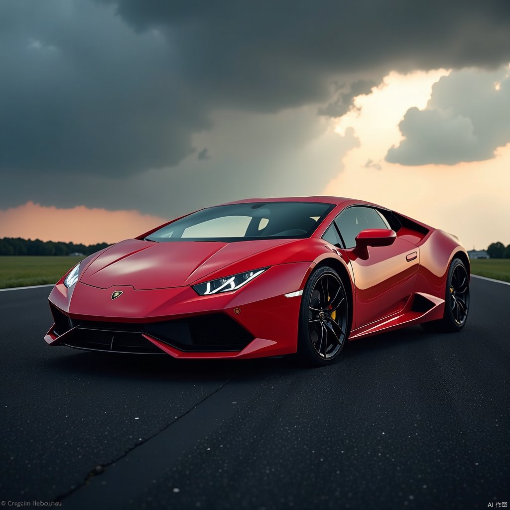 A high-contrast image of a sleek Lamborghini Huracán, parked on a dark asphalt road under a dramatic sky. The car's sharp lines and metallic finish are highlighted by the intense lighting, casting bold shadows. The composition frames the vehicle from a low angle, emphasizing its powerful stance. The background is minimalistic, focusing all attention on the vibrant, contrasting colors of the car against the dark surroundings.