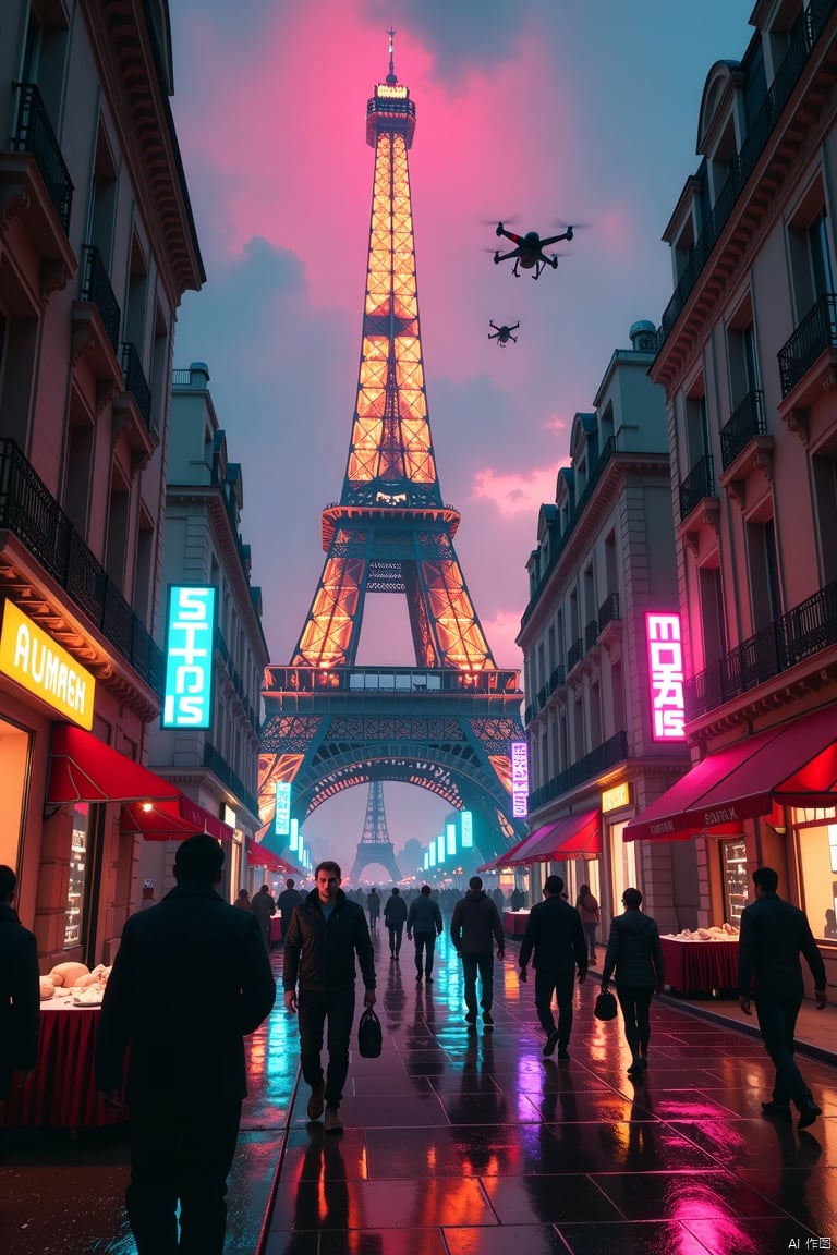 A neon-lit cyberpunk scene of a futuristic Paris street, with towering skyscrapers and holographic advertisements. The scene is framed with a low-angle shot, capturing the Eiffel Tower transformed into a sleek, metallic structure. Harsh, contrasting lighting creates a dystopian atmosphere. People are dressed in futuristic attire, walking past robotic vendors and flying drones. The composition is dynamic, with a focus on the clash between advanced technology and urban decay.