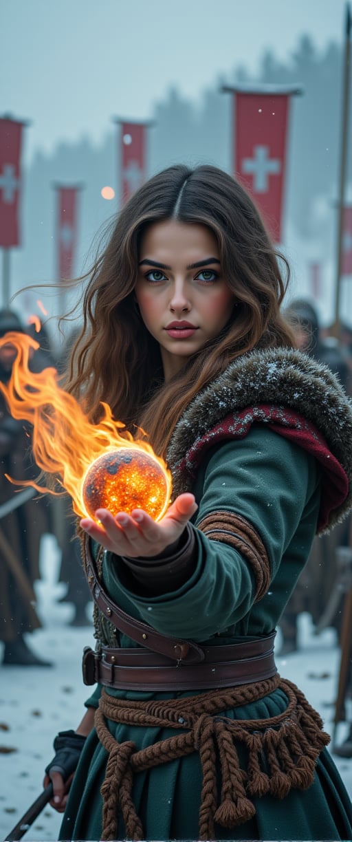 intensely focused Viking woman warrior with curly hair hurling a burning meteorite from her hand towards the viewer, the glowing sphere leaves the woman's body getting closer to the viewer leaving a trail of smoke and sparks, intense battlegrounds in snowy conditions, army banners, swords and shields on the ground,ct-kbright,ct-muun,ct-lelahh,ct-arix,ct-savaga