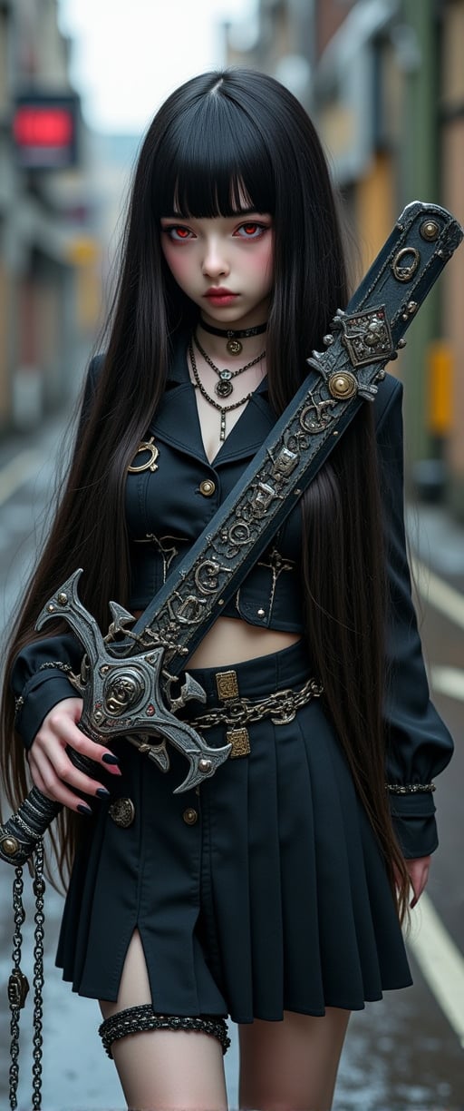 

A masterpiece photograph shot on Canon EOS R6, showcasing a stunning young woman with long, black hair and striking red eyes. She stands in a dystopic urban setting, dressed in a pleated skirt adorned with jewelry and a thigh strap. Her bangs are blunt, framing her pale skin and black nails. In one hand, she holds a large, mechanical sword covered in intricate parts, gears, and rivets, contrasting with her delicate features. The other hand is wrapped in chains, adding to the sinister aura. Her gaze meets the viewer's, exuding confidence and mystery. The overall atmosphere is whimsical and youthful, reflecting the unique Xianji subculture. Ultra-realistic details include 64k HDR, highly detailed skin, and ultra-sharp features. Capture this captivating scene with a photorealistic image that tells a story of contrasts.,ct-muun,ct-kbright,ct-anitity,ct-lelahh,ct-arix,ct-savaga