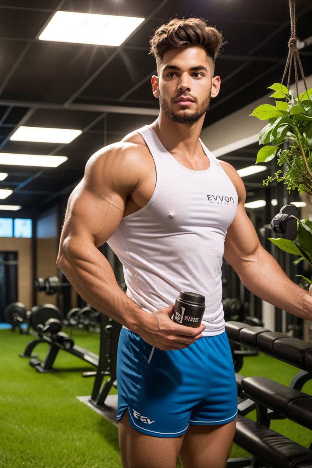 a muscular man stands in an indoor gym, holding a silver thermos in his left hand. He is wearing a black sleeveless tank top, adorned with the word "EVOGEN" in white lettering. His left arm is raised, while his right arm is bent at the elbow. His right hand is resting on the thermos, adding a pop of color to the scene. The backdrop is blurred, with a green plant hanging from the ceiling.