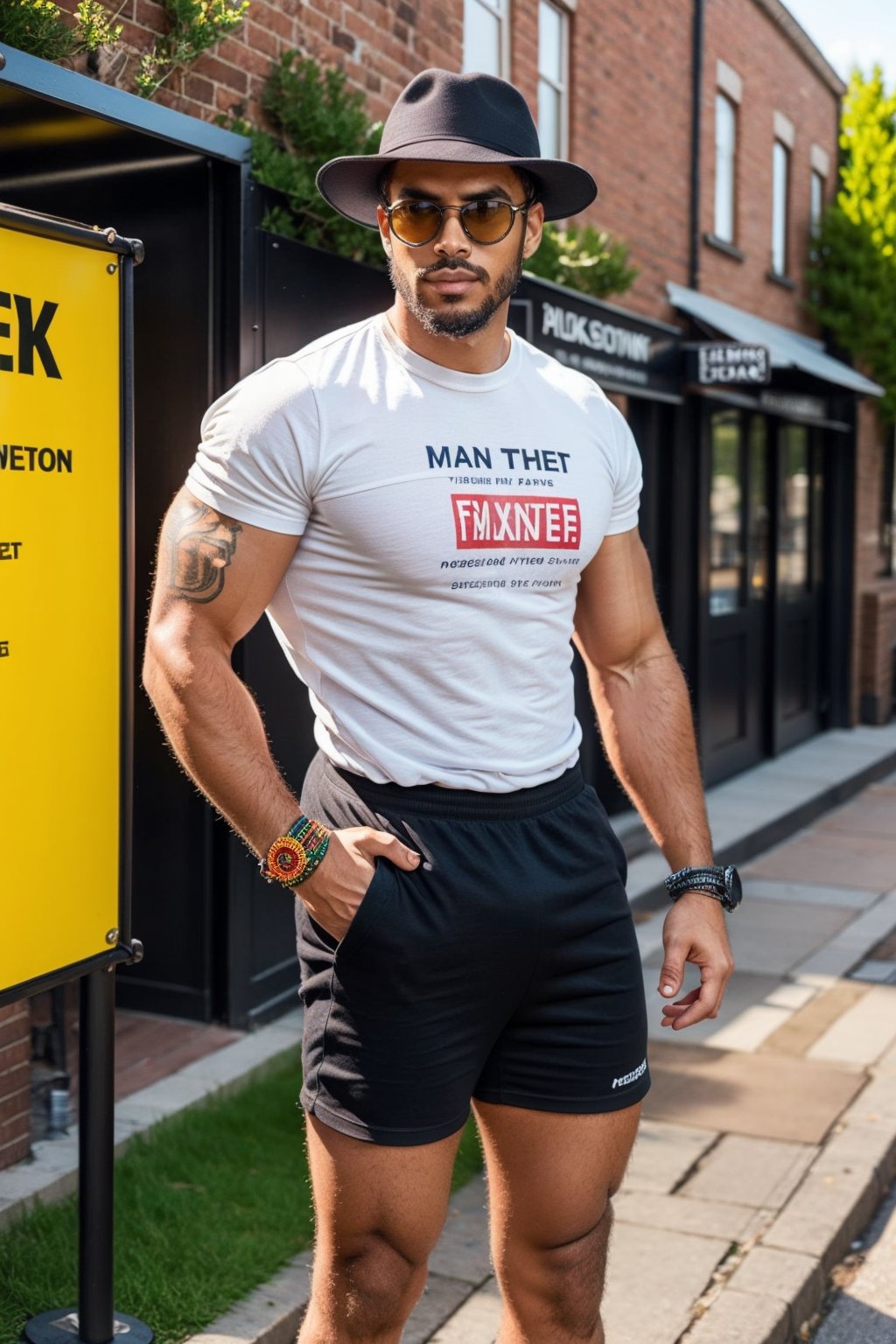 a man stands on a cobblestone street. He is dressed in a black short-sleeved shirt, black shorts, a black belt, and a black fedora hat. He has a pair of black sunglasses on his face, adding a pop of color to his face. The man's arms are covered in tattoos, including a black bracelet, and black rings. His hair is neatly trimmed, and he has a dark beard and mustache. To the left of the man is a black sign with white text on it, and to the right of the sign is a red brick building with a metal fence in front of it.