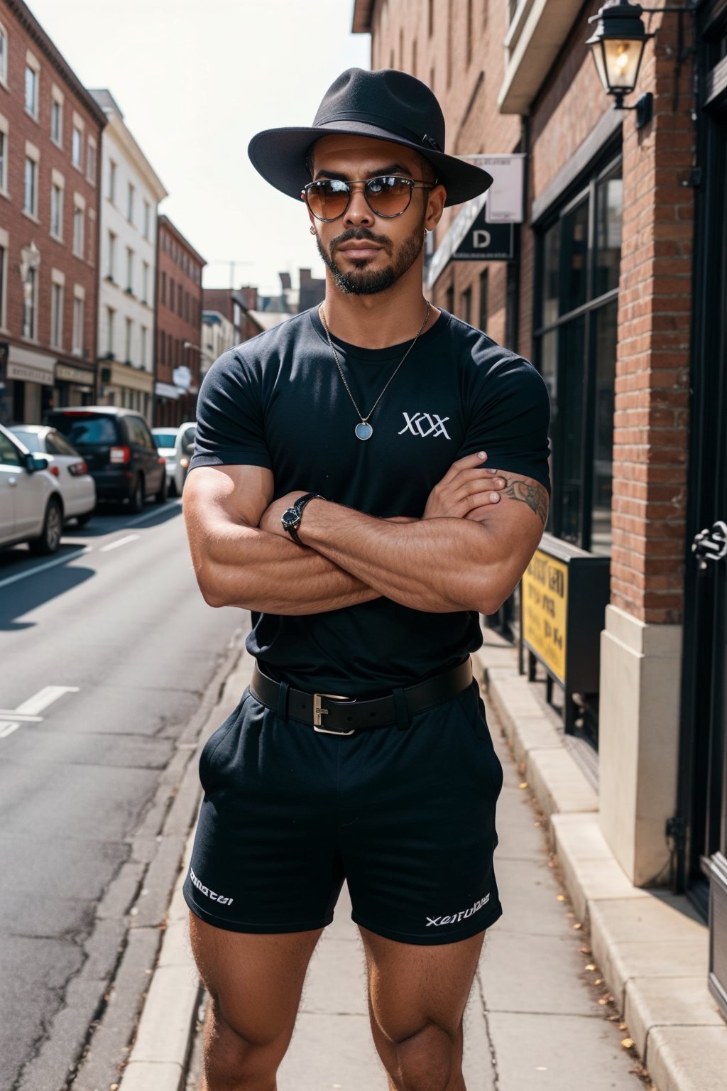 a man stands on a cobblestone street. He is dressed in a black short-sleeved shirt, black shorts, a black belt, and a black fedora hat. He has a pair of black sunglasses on his face, adding a pop of color to his face. The man's arms are covered in tattoos, including a black bracelet, and black rings. His hair is neatly trimmed, and he has a dark beard and mustache. To the left of the man is a black sign with white text on it, and to the right of the sign is a red brick building with a metal fence in front of it.