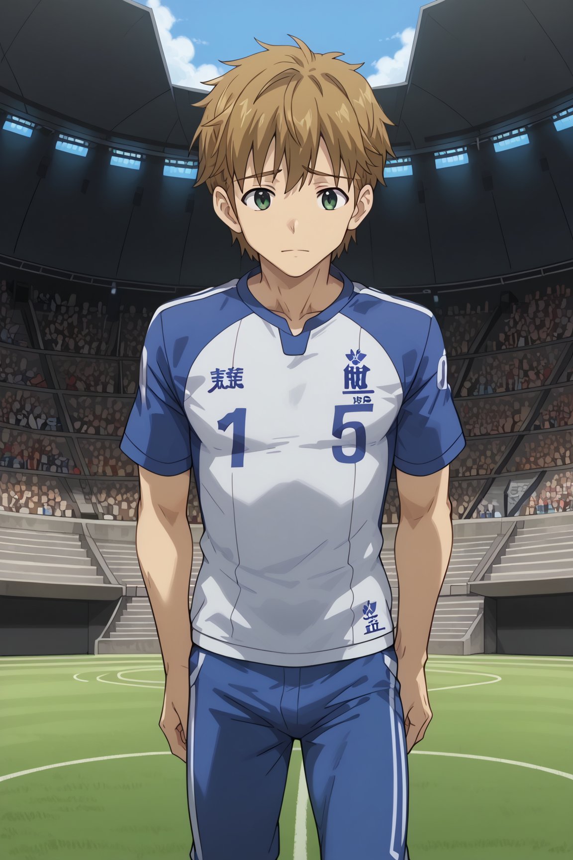 score_8_up, score_7_up, Expressiveh, masterpiece, best quality, best aesthetics, perfect anatomy, perfect proportions, high resolution, good colors, bright skin, good shading, good eyes, countershading, well detailed background, BREAK, male focus, male, Mitsuru_Miyamoto, brown hair, green eyes, BREAK, sportswear, raglan sleeves, soccer uniform, short, sneakers