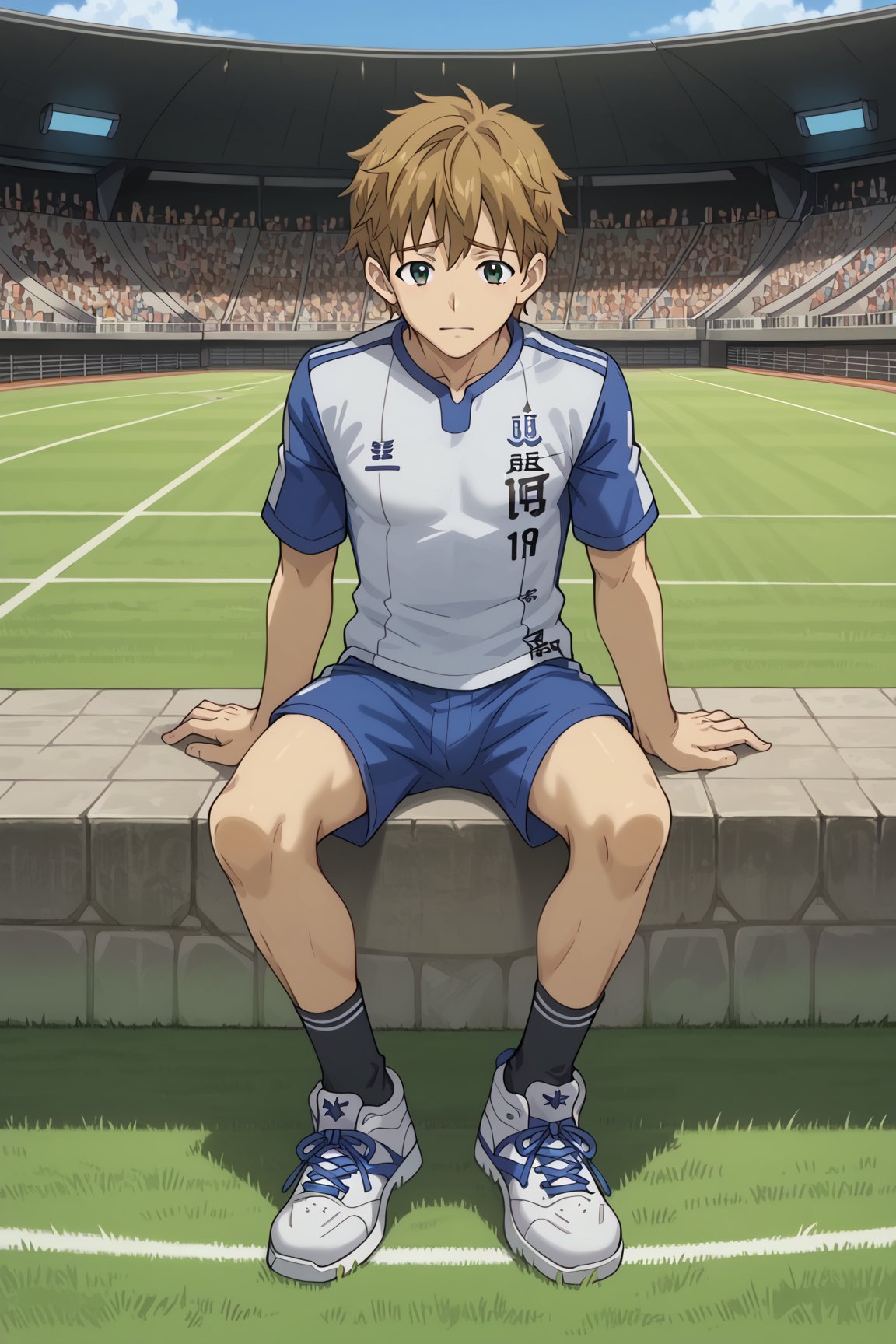 score_8_up, score_7_up, Expressiveh, masterpiece, best quality, best aesthetics, perfect anatomy, perfect proportions, high resolution, good colors, bright skin, good shading, good eyes, countershading, well detailed background, BREAK, male focus, male, Mitsuru_Miyamoto, brown hair, green eyes, BREAK, sportswear, raglan sleeves, soccer uniform, short, socks, sneakers, sit on grass