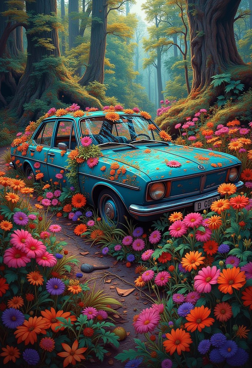 c0l0rw0rldd. Abbandoned old car in a flower forest