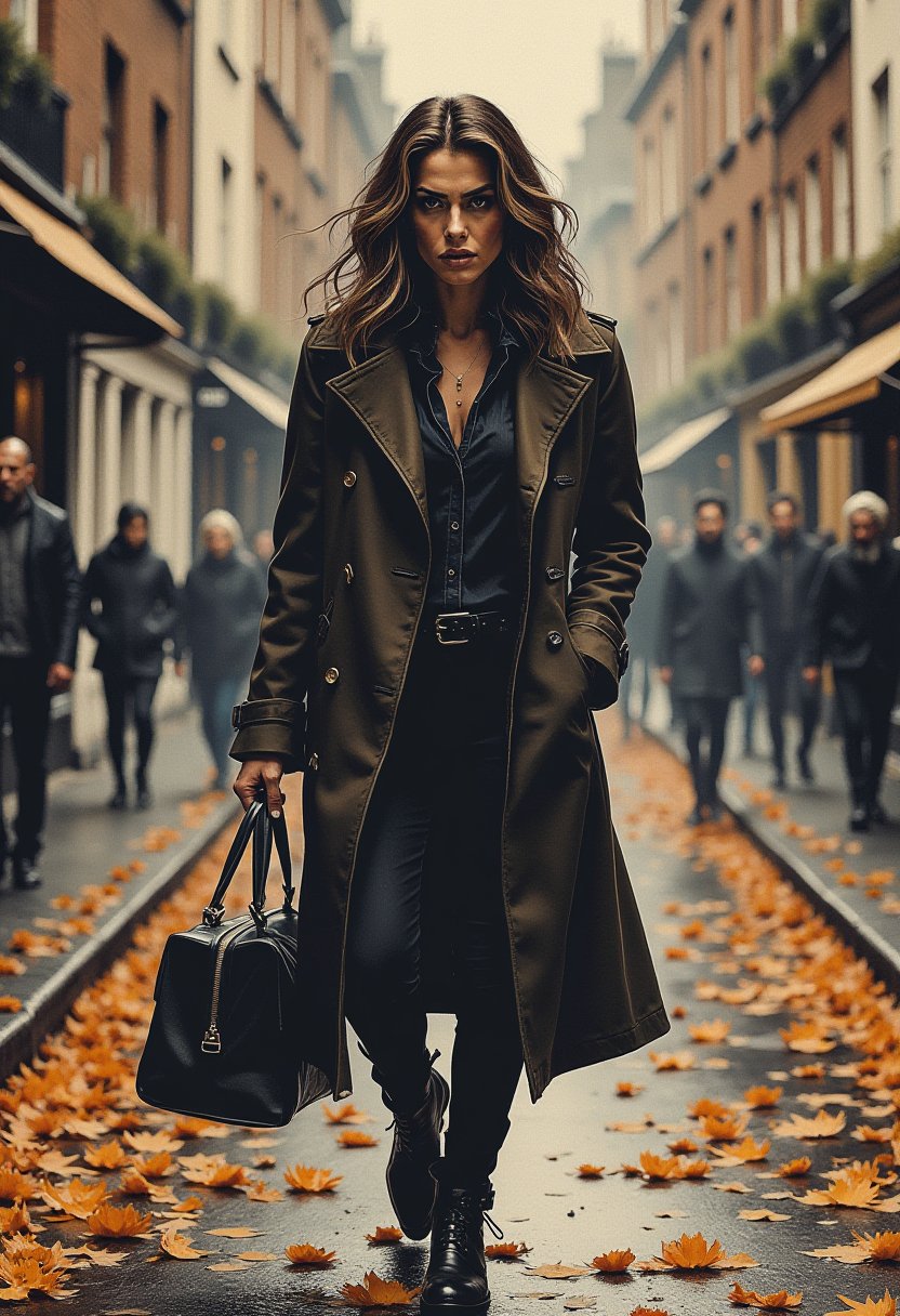 d4rkc0mic . A beautiful woman , wearing a large coat, trudges through the flower covered streets of London, looking both frustrated and determined as she heads toward her next adventure 
  