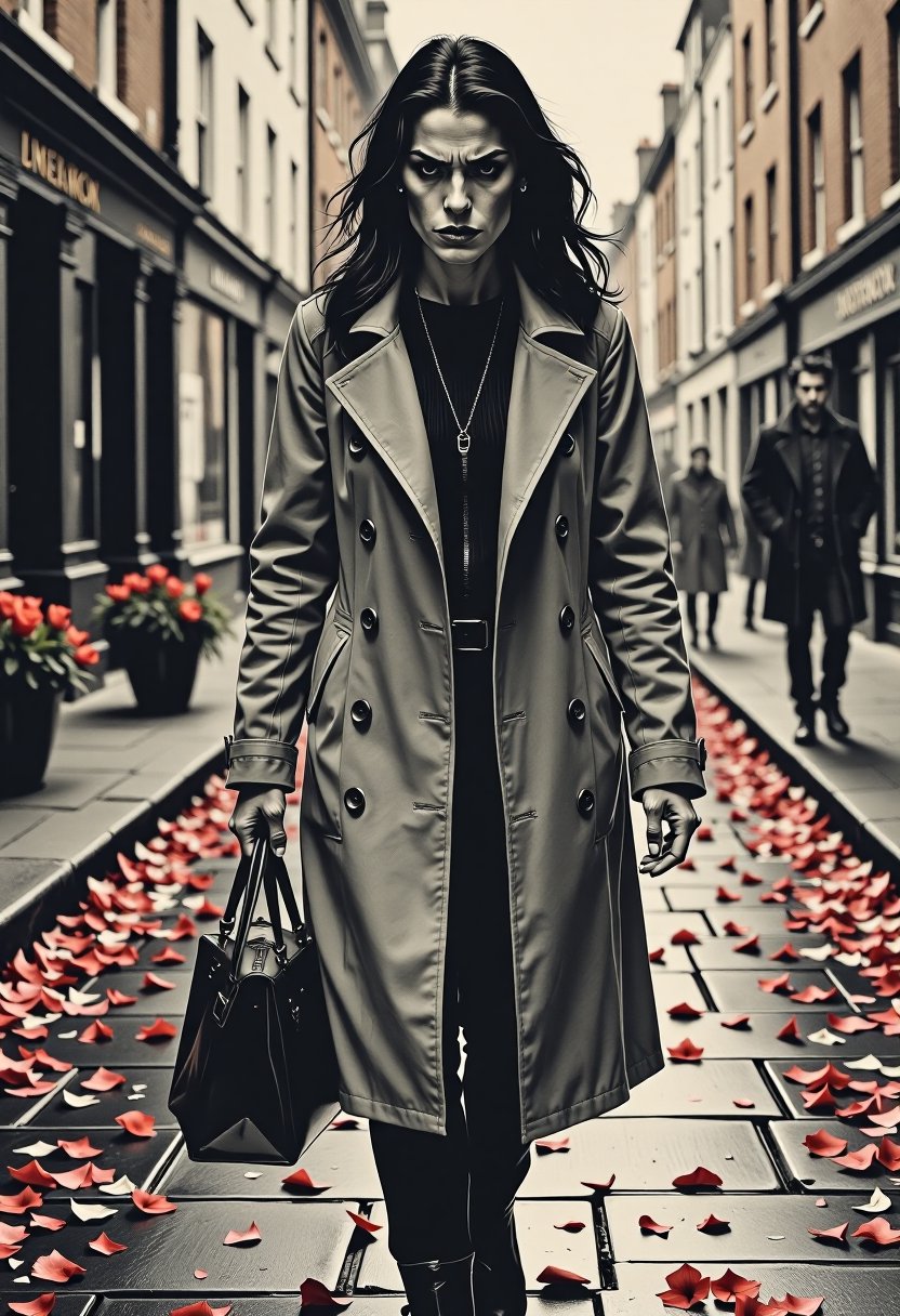 d4rkc0mic . A beautiful woman , wearing a large coat, trudges through the flower covered streets of London, looking both frustrated and determined as she heads toward her next adventure 
  