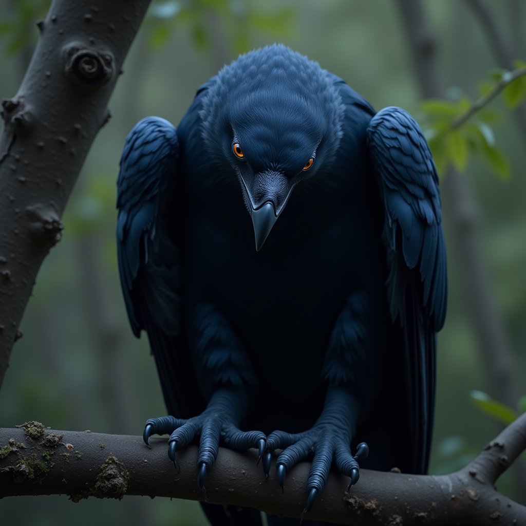 fraven, sitting on branch, no humans,
relaxed wings, it is looking down

The bird has something mysterious about it, as it bows its head. It is a bird that looks really big and threatening.

(((no spread wings))), (the fraven sits calmly)
(number of claws is the same on both feet), (same claw position for both feet) 
