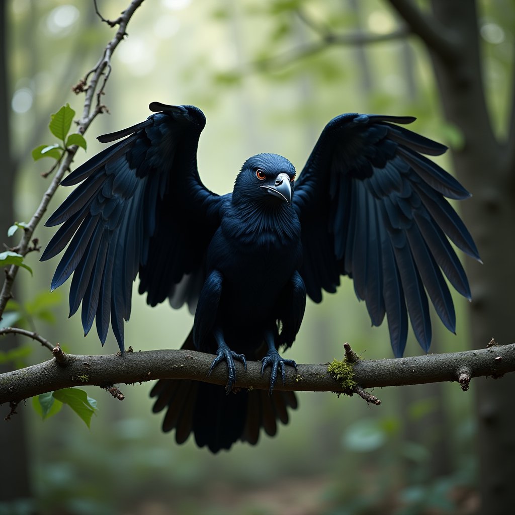 fraven,spread wings,sitting on branch, no humans,

