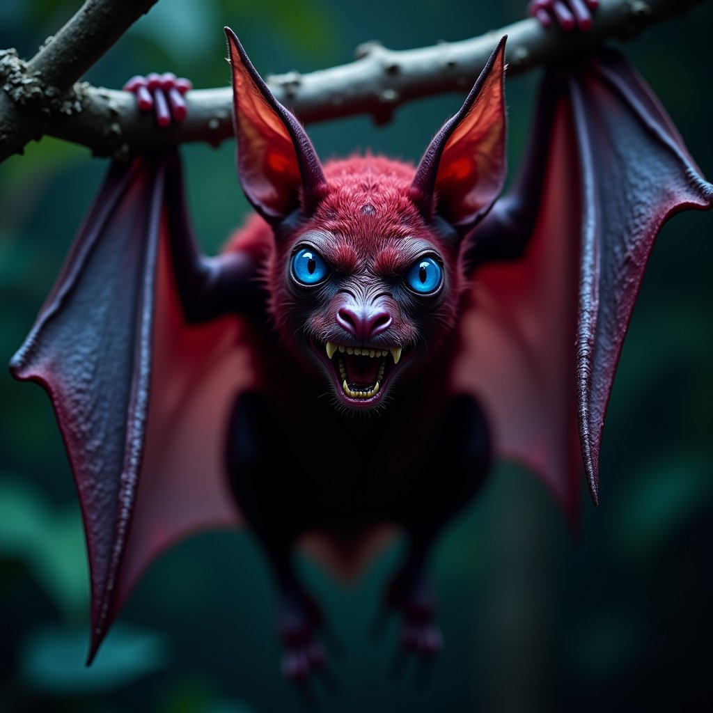 A mysterious bat that looks evil. The bat sits upside-down on a branch. It has a creepy red skin and giant ears. 
The eyes are cristal blue. It is looking at the viewer. The mouth is wide open to show its sharp teeth.
This bat looks like the inbreed of evil itself, like it came from the dark pit itself.

(((not cropped)))