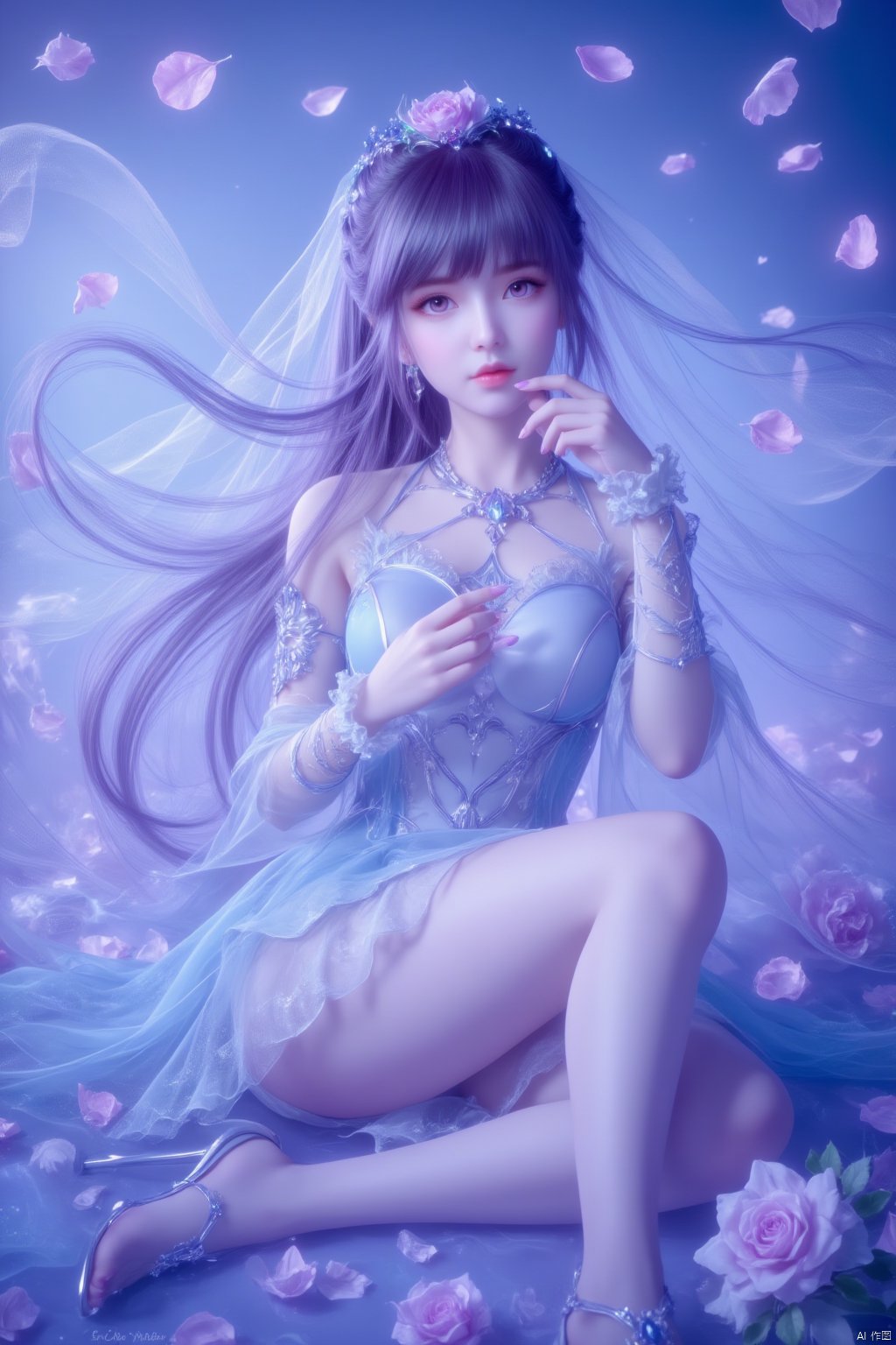 (masterpiece),(best quality),illustration,ultra detailed,hdr,Depth of field,(colorful),Artist sakura shiori, 1girl, solo, petals, veil, nail polish, dress, long hair, looking at viewer, sitting, purple eyes, toenails, toenail polish, blush, toes, flower, high heels, barefoot, feet, jewelry, hair ornament, hair flower, blue dress, fishnets, see-through, rose, closed mouth, full body, shoes, see-through sleeves, blue flower, frills, knees up