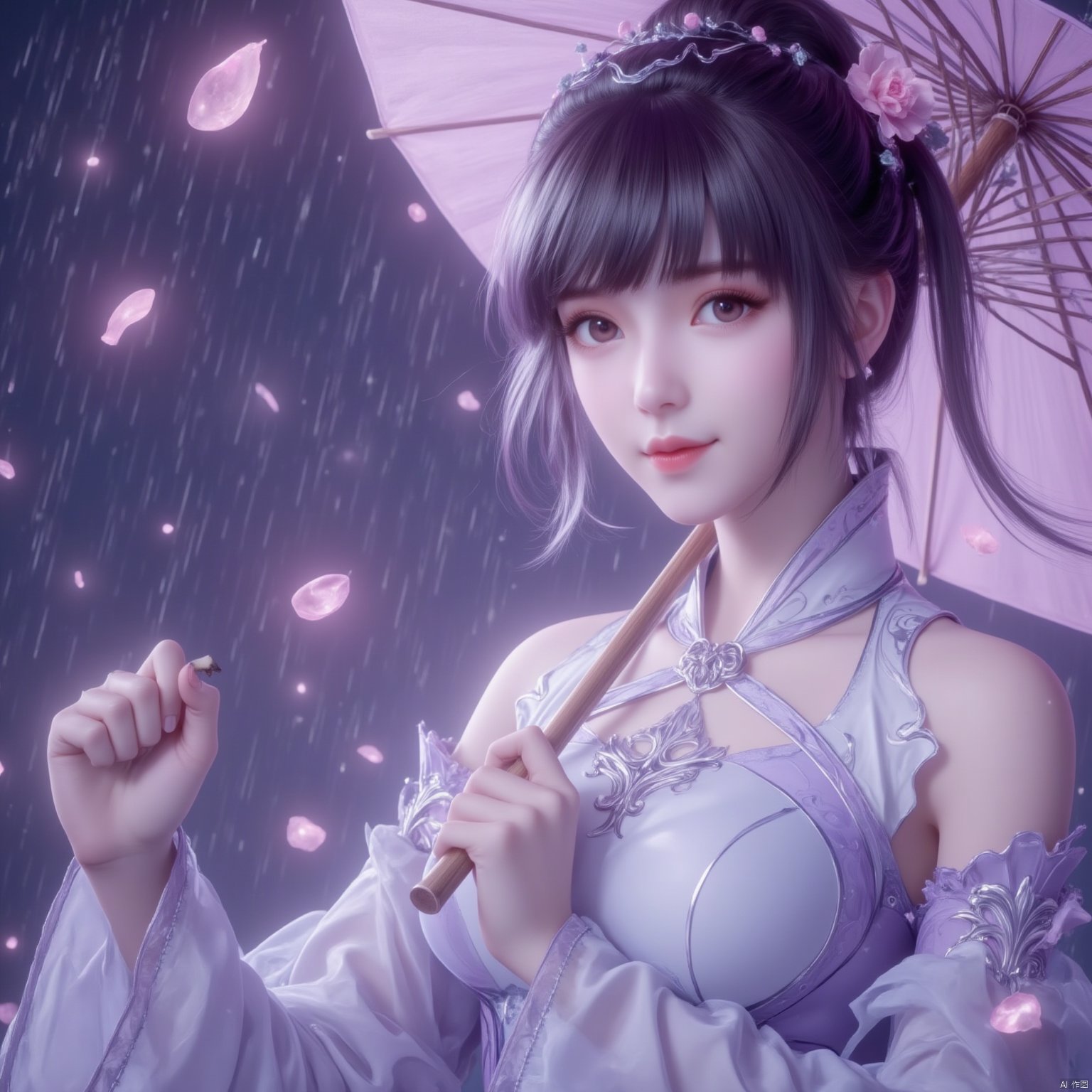 (masterpiece),(bestquality),nai3 updo hair, sidelocks, Tie one side hair, Sideburns hair, Han clothing, 1girl, solo, umbrella, rain, black hair, holding, holding umbrella, hanfu, chinese clothes, bangs, oil-paper umbrella, long sleeves, looking at viewer, hair flower, closed mouth, wide sleeves, smile, upper body, hair over shoulder, architecture, grey eyes, sui
