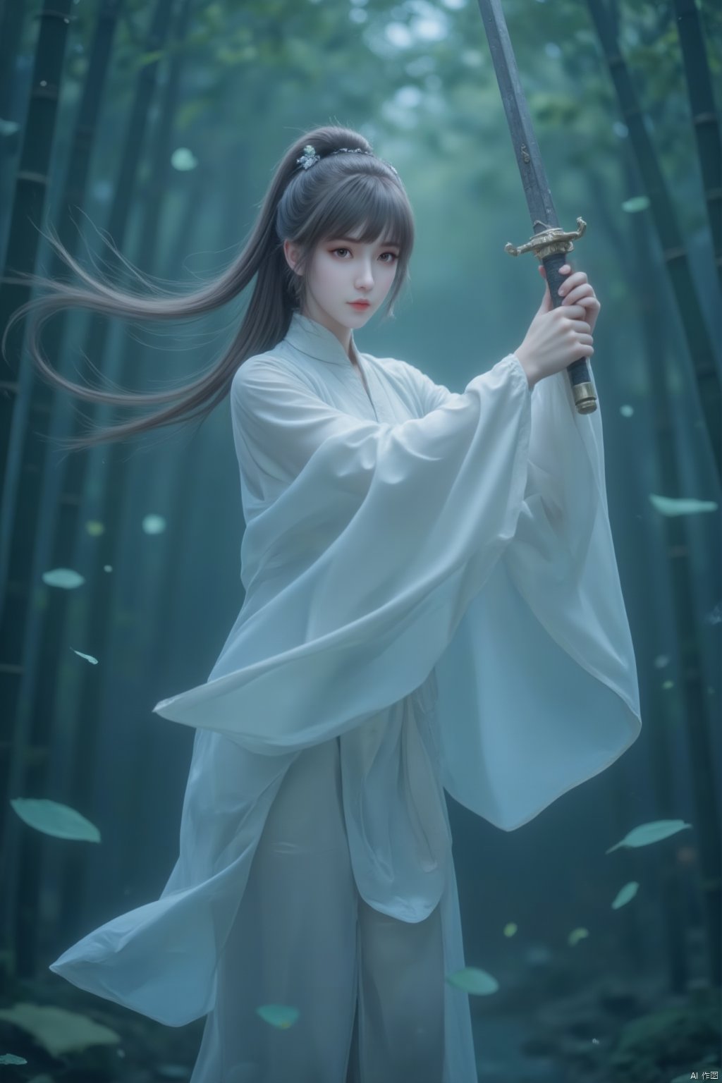 A girl in a white Hanfu is flying with a sword against a forest background in the style of Chinese martial arts. The full body photo has an anime art illustration style with a dark green and light blue color palette creating an ethereal atmosphere. The charming character is depicted in a surreal photography style using a fisheye lens in a mysterious environment with soft lighting. She makes elegant movements with flowing long hair in a cool color tone,solo,weapon,nature,bamboo,forest,long hair,bamboo forest,ponytail,brown hair,(((Floating in the sky))),with a floating headband. Dark green background,blurred background,wearing white Hanfu,holding a long sword,(8k, RAW photo, best quality, masterpiece:1.2),