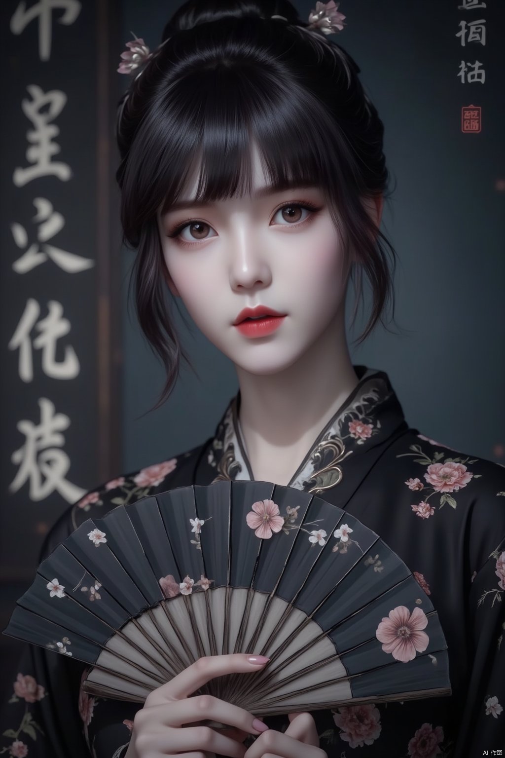 1girl, with a black kimono adorned with flowers. Her hair is pulled back in a bun cascading down her shoulders framing her face. She is adorned with a bold red lip adding a pop of color to her outfit. Her eyes are a piercing blue her eyebrows are a darker shade of brown and her lips are a lighter shade of red. She's holding a black hand fan with a floral pattern on it adding depth to the scene. The background is blurred The background is a wall with Chinese characters written on it creating a stark contrast to the woman's outfit.sexy