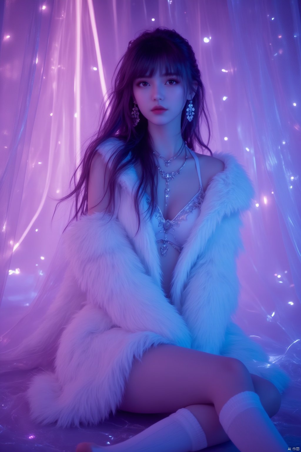 1girl, Captured from a low-angle perspective a medium-sized model of a young woman is seated on the floor her hair cascading down to her shoulders. She is wearing a white fur coat adorned with white socks and earrings.neon lighting,