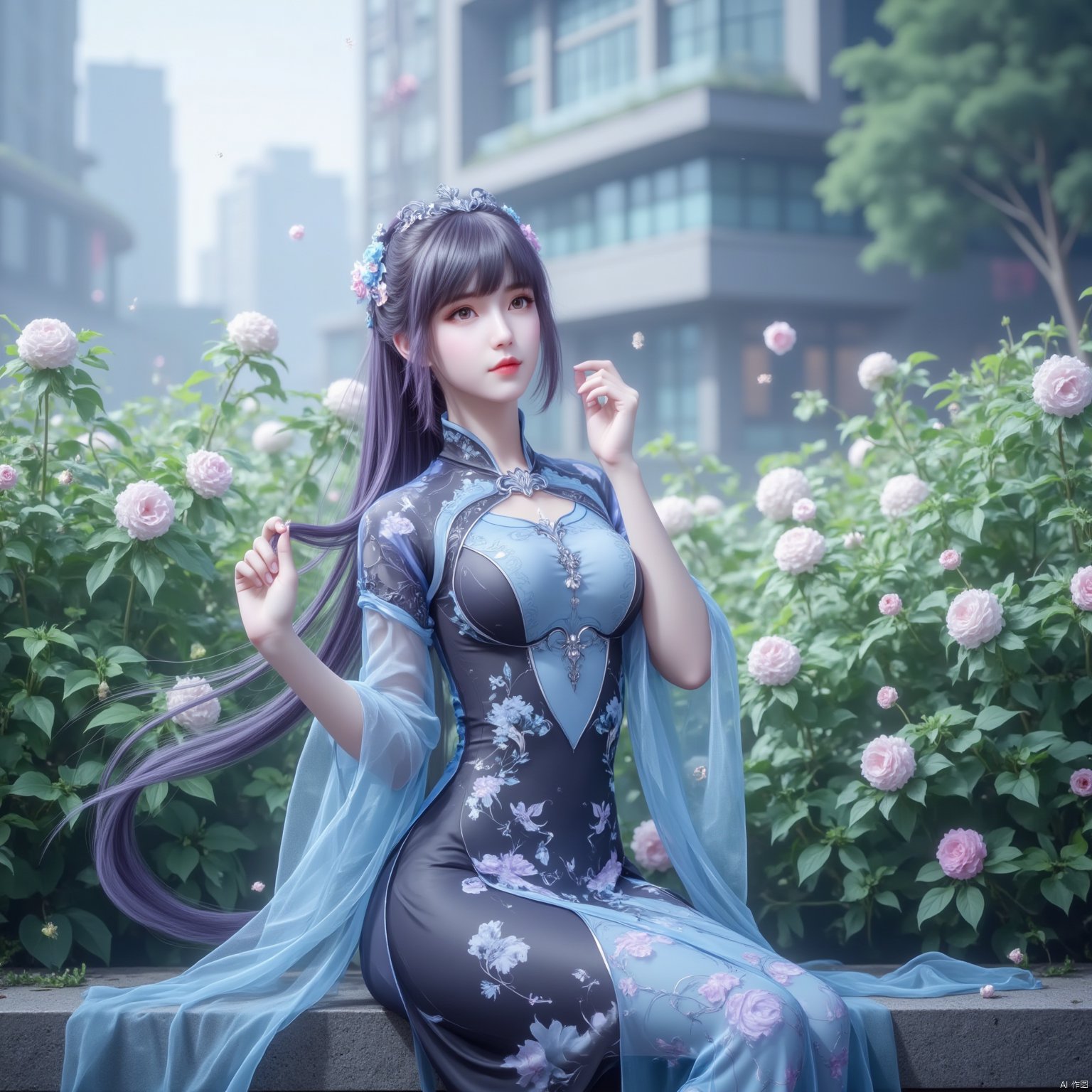 1girl, photograph, young woman with long purple hair, wearing a black and blue floral qipao, sitting on a stone ledge, surrounded by lush green foliage and pink flowers, modern building in the background, serene and elegant atmosphere, soft natural light, delicate floral hair accessory, poised and contemplative expression, vibrant and vibrant colors.